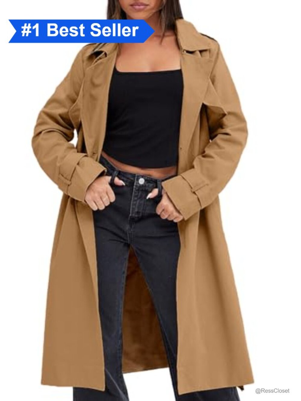 Women's Double Breasted Trench Coat Long Lapel Overcoat with Belt